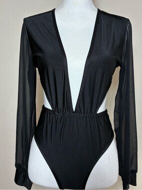 Black Long Sleeve Deep V Bodysuit